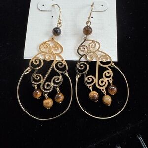 Vintage Gold Filigree Tigers Eye Teardrop Earrings